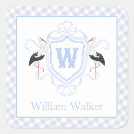 Watercolor Blue Stork Gingham Monogram Crest スクエアシール