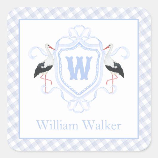 Watercolor Blue Stork Gingham Monogram Crest スクエアシール (正面)