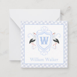 Watercolor Blue Stork Gingham Monogram Crest ノートカード