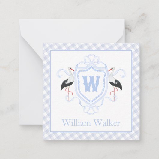 Watercolor Blue Stork Gingham Monogram Crest ノートカード (正面)