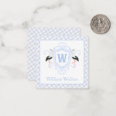 Watercolor Blue Stork Gingham Monogram Crest ノートカード (正面/裏面インサイチュ)
