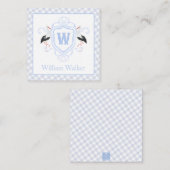 Watercolor Blue Stork Gingham Monogram Crest ノートカード (正面/裏面)