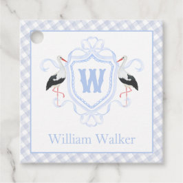Watercolor Blue Stork Gingham Monogram Crest フェイバータグ