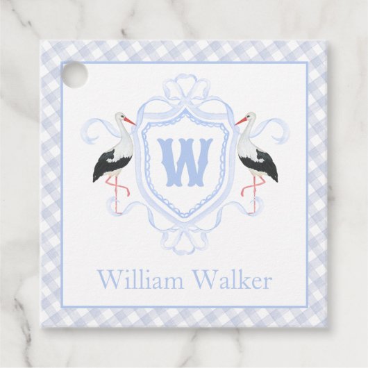 Watercolor Blue Stork Gingham Monogram Crest フェイバータグ (正面)
