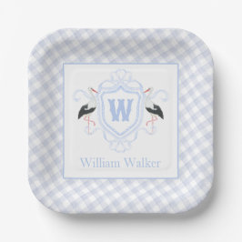 Watercolor Blue Stork Gingham Monogram Crest ペーパープレート
