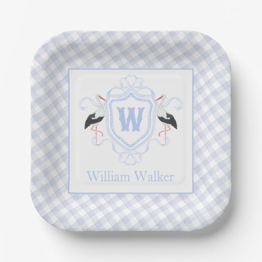 Watercolor Blue Stork Gingham Monogram Crest ペーパープレート (正面)