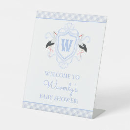 Watercolor Blue Stork Gingham Monogram Crest 台座サイン