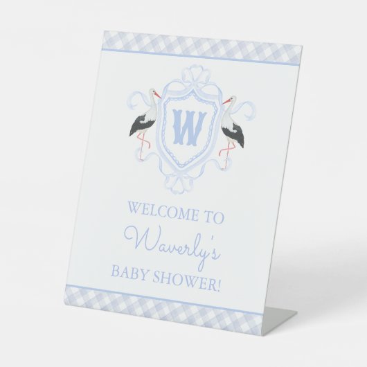 Watercolor Blue Stork Gingham Monogram Crest 台座サイン (正面)