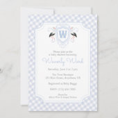Watercolor Blue Stork Monogram Crest Baby Shower 招待状 (正面)