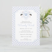 Watercolor Blue Stork Monogram Crest Baby Shower 招待状 (スタンド正面)
