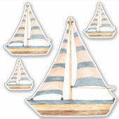 Watercolor Blue Stripe Sailboats シール (正面)