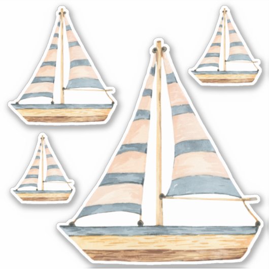Watercolor Blue Stripe Sailboats シール (正面)
