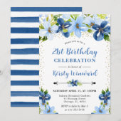 Watercolor Blue Summer Flowers 21st birthday 招待状 (正面/裏面)