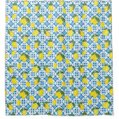 Watercolor Blue Tile Yellow Lemon Watercolor シャワーカーテン (正面)