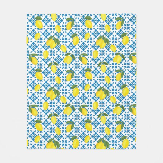 Watercolor Blue Tile Yellow Lemon Watercolor フリースブランケット (正面)