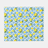 Watercolor Blue Tile Yellow Lemon Watercolor フリースブランケット (正面(横))