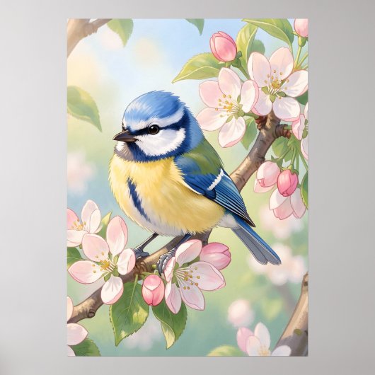 Watercolor Blue Tit Bird on Apple Tree Spring ポスター (正面)