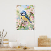 Watercolor Blue Tit Bird on Apple Tree Spring ポスター (キッチン)