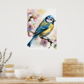 Watercolor Blue Tit Bird on Apple Tree Spring ポスター (キッチン)