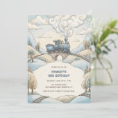 Watercolor Blue Train Travel Boys Birthday Party 招待状 (スタンド正面)