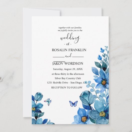 watercolor blue wedding Invitation 招待状 (正面)