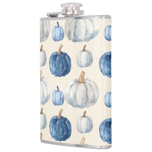 WATERCOLOR BLUE & WHITE FALL AUTUMN PUMPKINS フラスク (左)