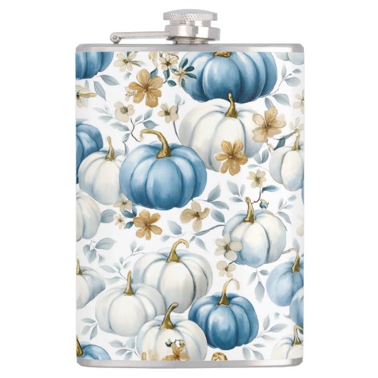 WATERCOLOR BLUE & WHITE FALL AUTUMN PUMPKINS フラスク (正面)