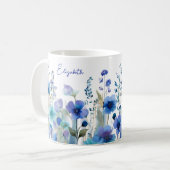 Watercolor Blue Wildflower Floral Custom Name  コーヒーマグカップ (正面左)