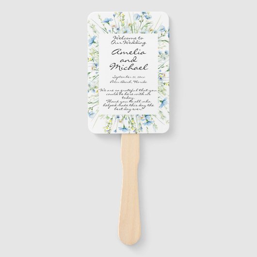 Watercolor Blue Wildflowers Wedding Program ハンドファン (正面)