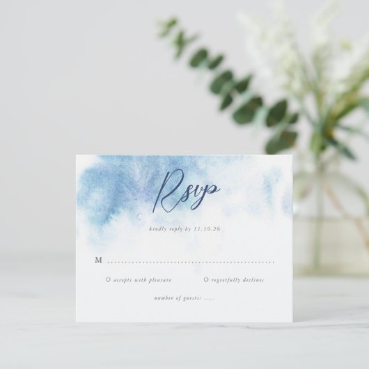Watercolor Blue Winter Wedding RSVP Card (スタンド正面)