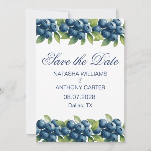 Watercolor Blueberry Wedding Save the Date 招待状 (正面)