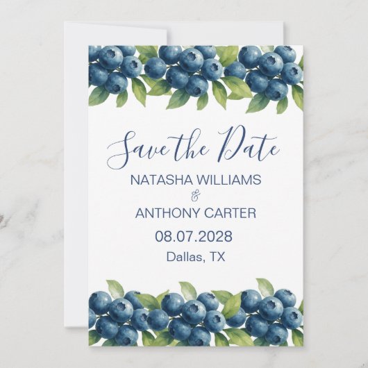 Watercolor Blueberry Wedding Save the Date 招待状 (正面)