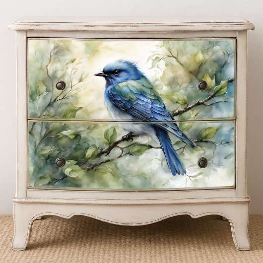 Watercolor Bluebird on Branch with Green Leaves 薄葉紙
