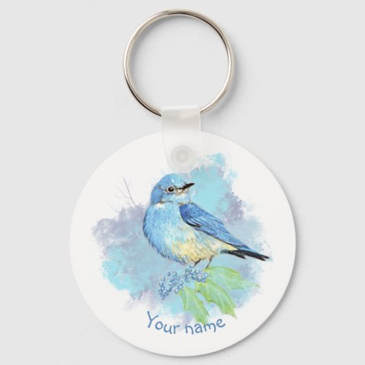 Watercolor Bluebird Pretty Blue Garden Bird Art キーホルダー (正面)