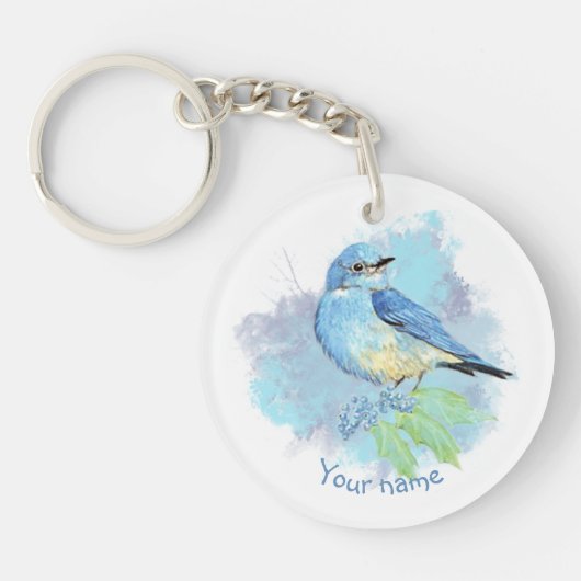 Watercolor Bluebird Pretty Blue Garden Bird Art キーホルダー (正面)