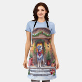 Watercolor Bluetick Coonhound Cabin Porch Christma エプロン (着用した状態)