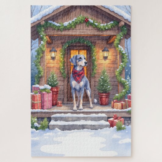 Watercolor Bluetick Coonhound Cabin Porch Christma ジグソーパズル (縦)