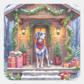Watercolor Bluetick Coonhound Cabin Porch Christma スクエアシール (正面)