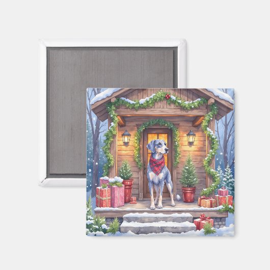 Watercolor Bluetick Coonhound Cabin Porch Christma マグネット (正面/裏面)