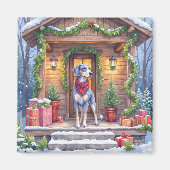 Watercolor Bluetick Coonhound Cabin Porch Christma マグネット (正面)