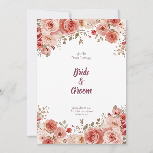 Watercolor Blush Dusty Rose Peony Floral Garland 招待状 (正面)