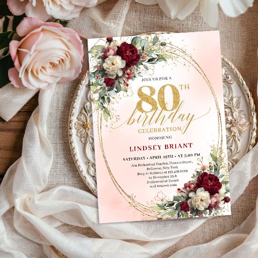 Watercolor Blush Floral Gold 80th Birthday Invite 招待状