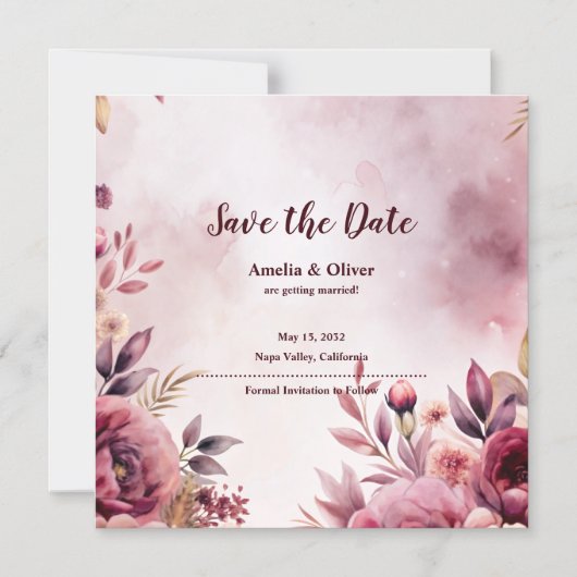 Watercolor Blush Floral Wedding Save the Date マグネット招待状 (正面)