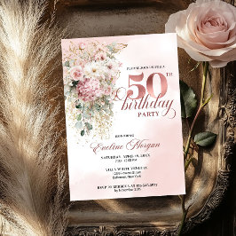 Watercolor Blush Florals Greenery 50th Birthday  招待状
