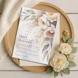 Watercolor Blush & Ivory Floral Wedding Invitation 招待状