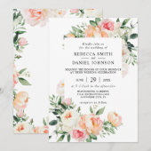 Watercolor Blush Peach Flowers & Greenery Wedding 招待状 (正面/裏面)