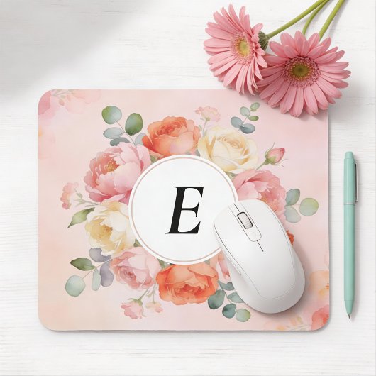 Watercolor Blush Peonies Monogrammed Mouse Pad マウスパッド