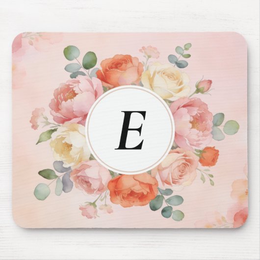 Watercolor Blush Peonies Monogrammed Mouse Pad マウスパッド (正面)