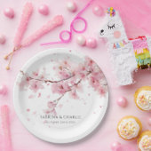 Watercolor Blush Pink Cherry Blossom Wedding ペーパープレート (パーティー)