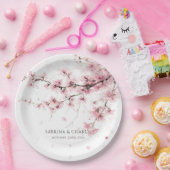 Watercolor Blush Pink Cherry Blossom Wedding ペーパープレート (パーティー)